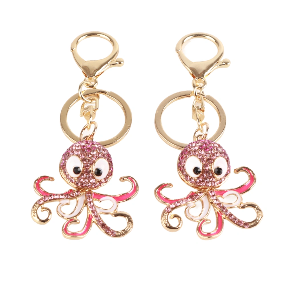 2PCS Fashion Octopus Shaped Rhinestones Keychain Key Ring Bag Charm Pendant Gift(Rose Red Rose Red )