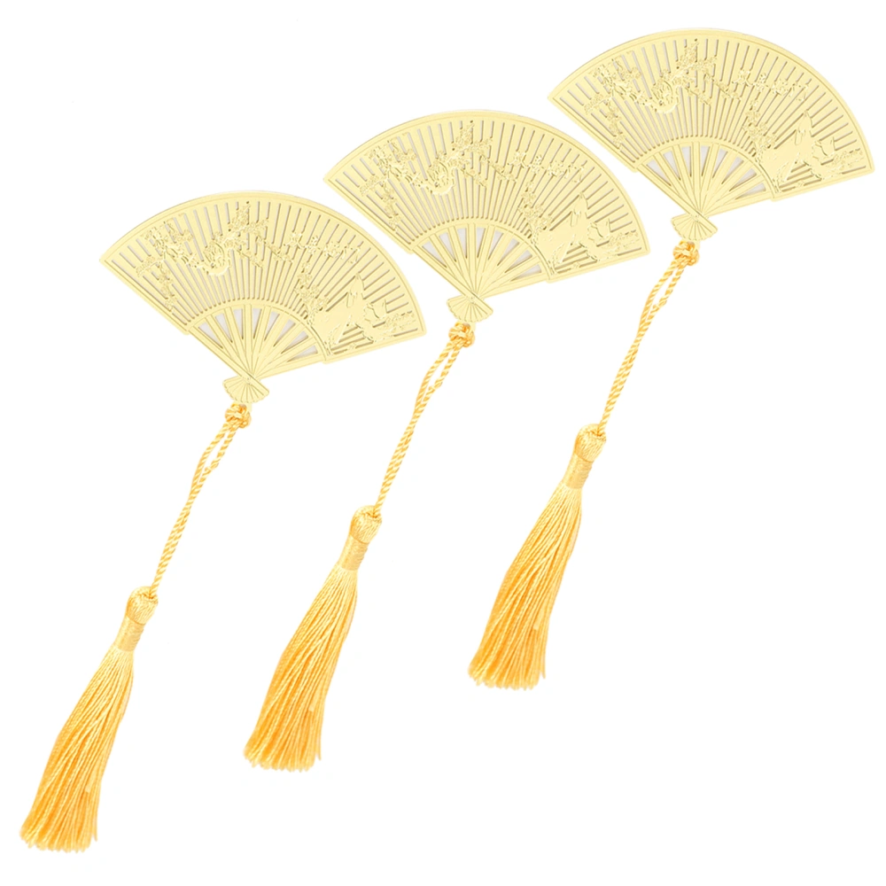 3Pcs Fan Bookmark Antique Retro Brass Metal Magpie Pattern Chinese Folding Fans Shape