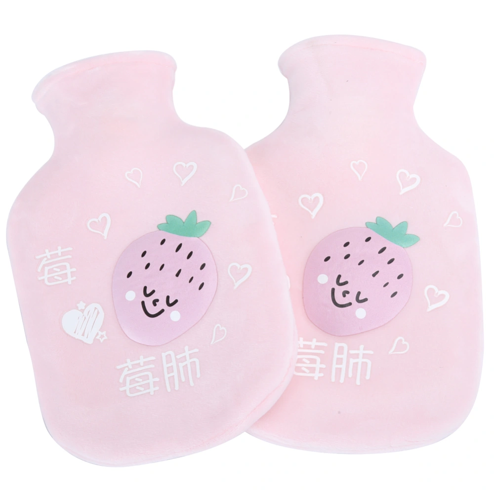 2pcs Cartoon Rubber Flannelette Hot Water Bottle Thick Hot Water Bag 350ml (Light Pink)