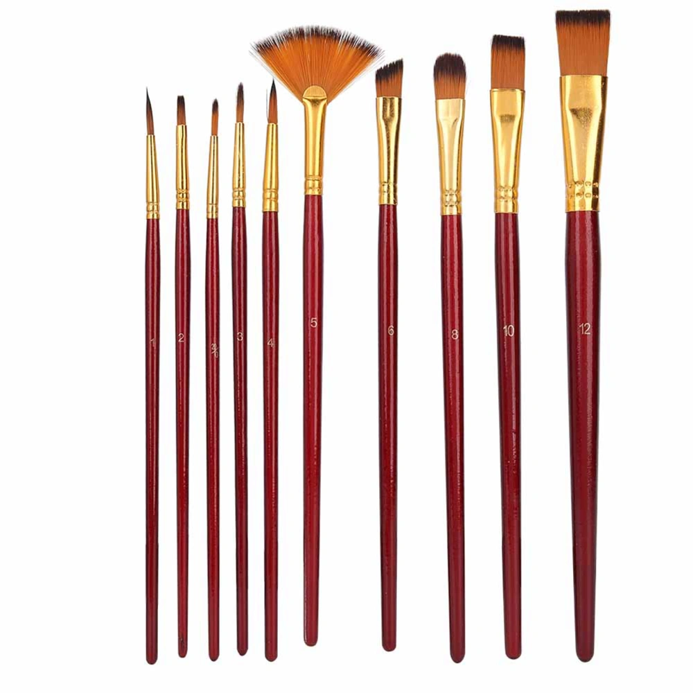 10pcs Nylon Hair Drawing Brush Variety Style Wooden Paintbrush Set for Gouache Oil PaintingBurgundy