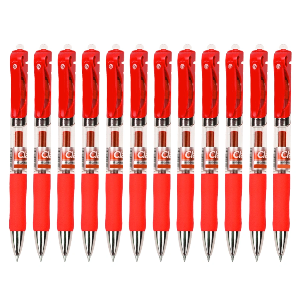 12Pcs Rollerball Pen Non-Slip Soft Rubber Handle Plastic Press On Type School Office Stationery 0.5mm(Red )