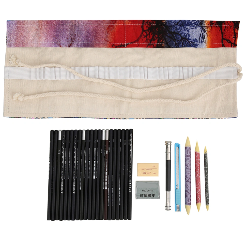29pcs Sketching Pencil Tool Kit Beginner Artist Drawing Pencil Roll Up Case Art SuppliesSunset Tree