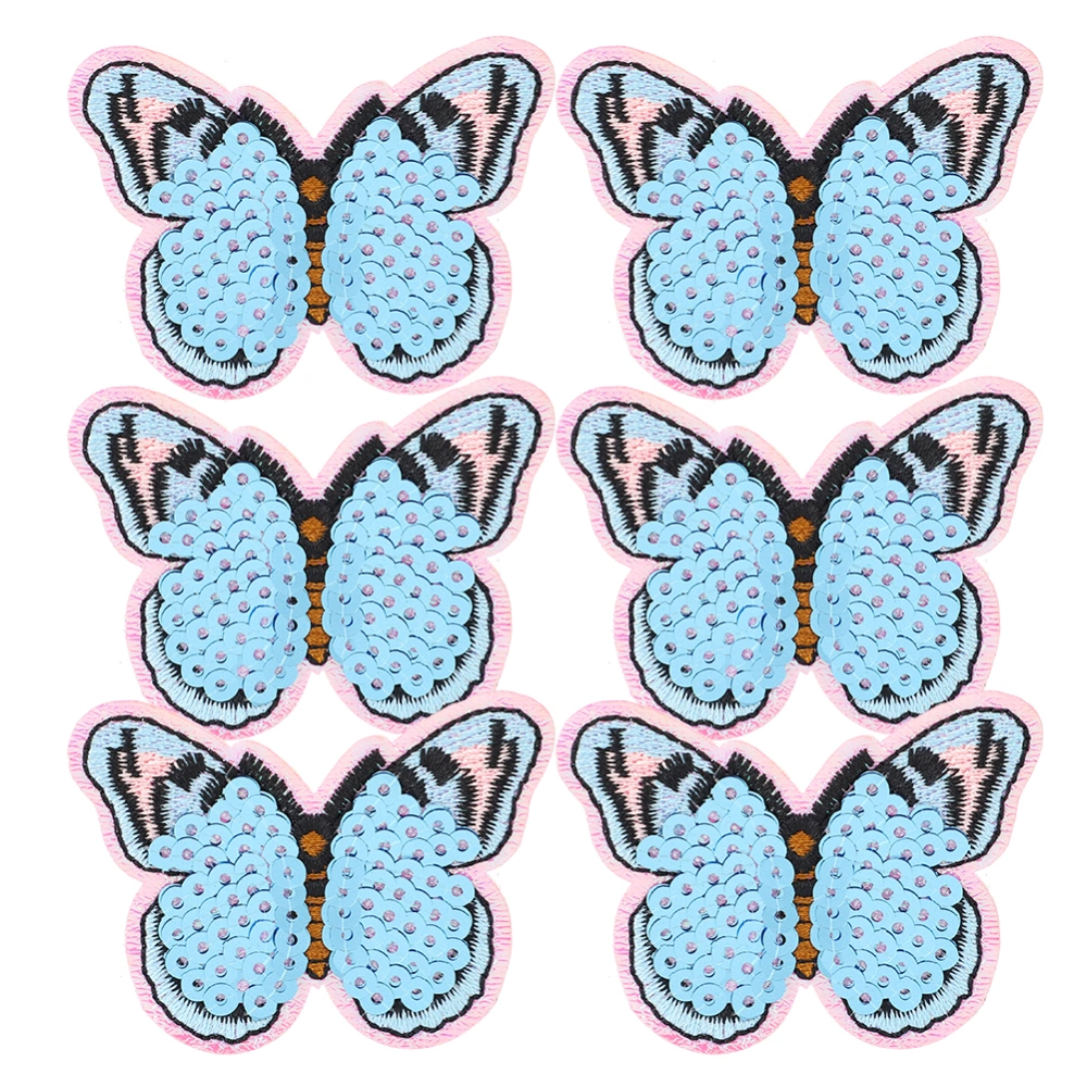 6pcs Sequins Butterfly Honeybee Clothes Patch Iron On Applique DIY T shirt Fabric Sticker(Blue Butterfly )