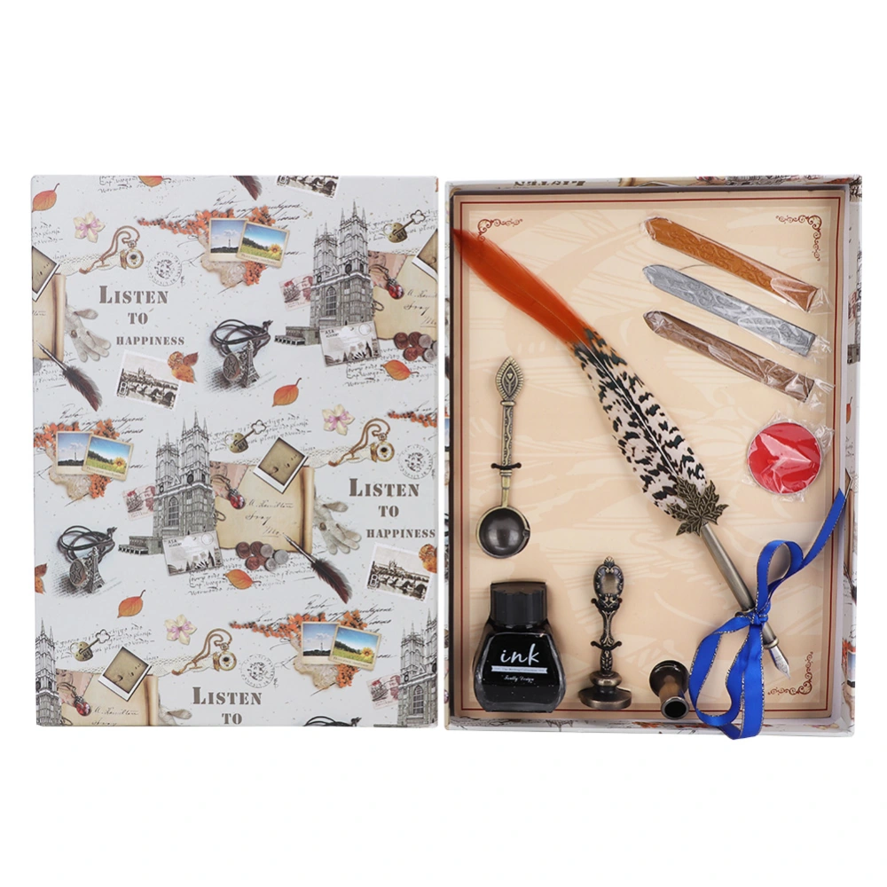 Retro Stainless Steel Nibs Dip Writing Feather Pen Wax Set Gift with Packing Box(Type 2)
