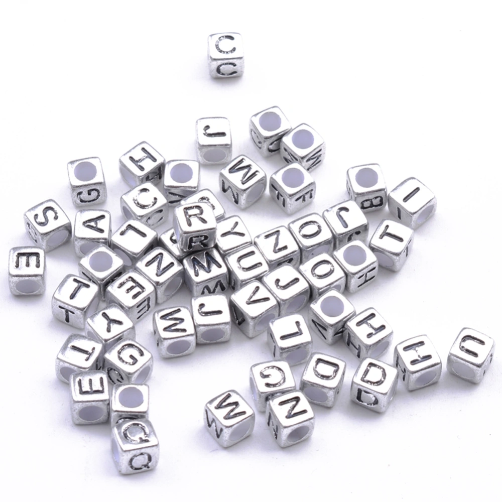 100pcs Letter Alphabet Beads 6mm Square Acrylic Beads DIY Jewelry Accessories (Silver)