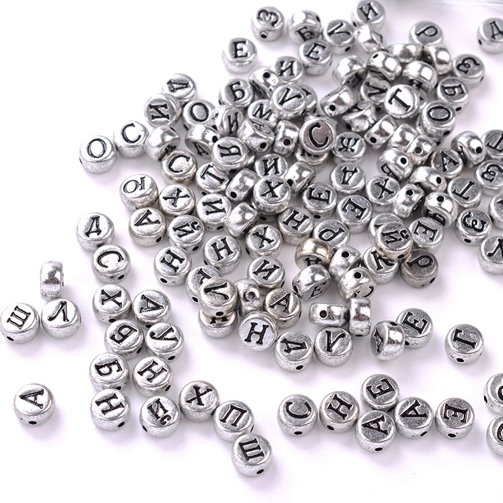 100pcs Russian Letters Alphabet Round Acrylic Beads 4*7mm DIY Jewelry Accessories (Silver)