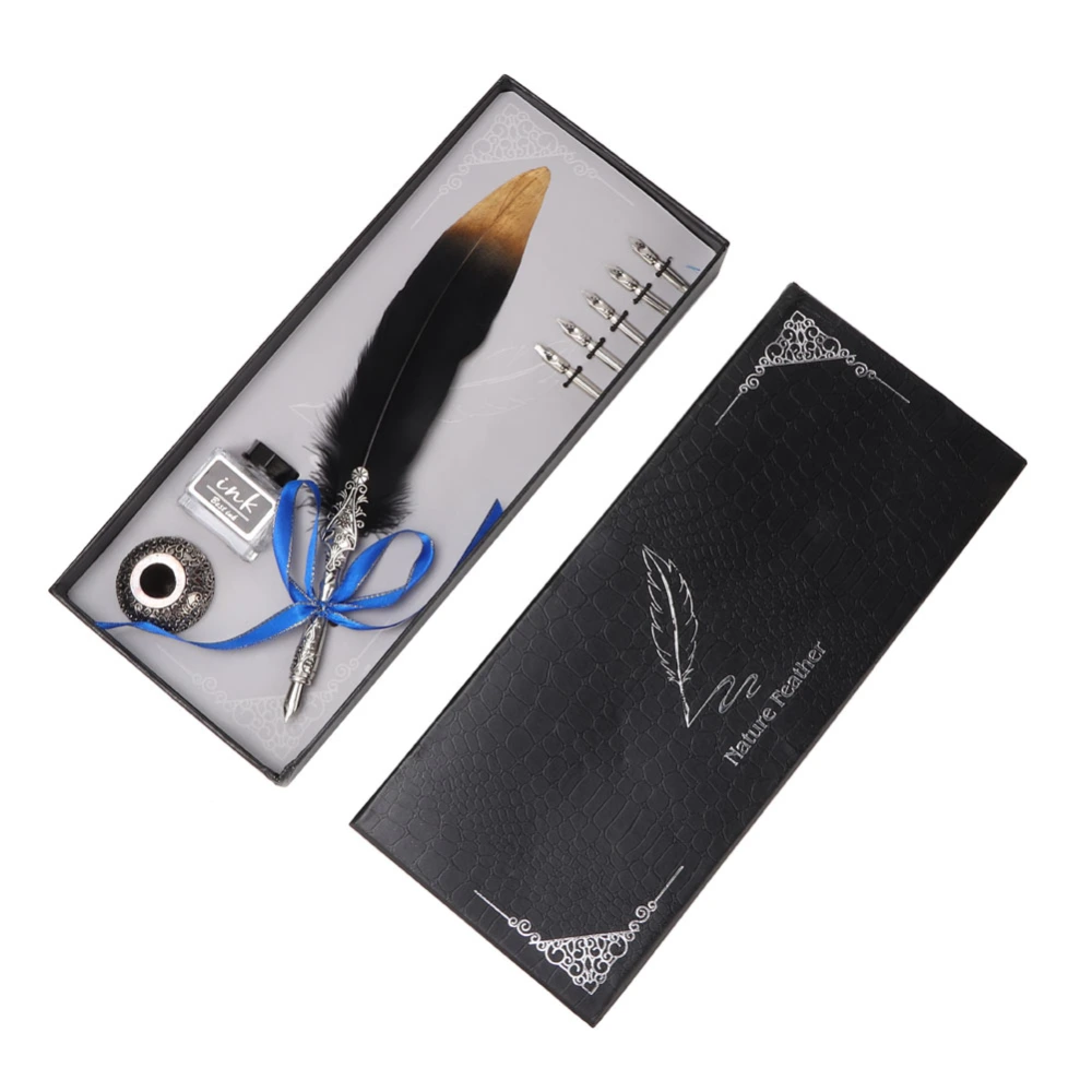 Vintage Classical Fountain Pen Feather Quill Dip Pen Ink Bottle Set with Gift Box (Black)