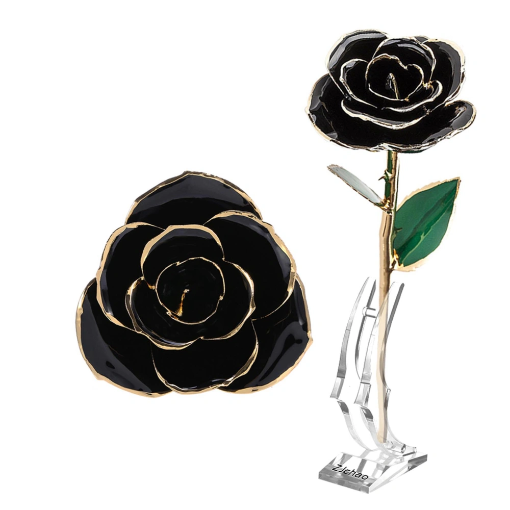 Long Stem Dipped 24k Gold Trim Red Rose In Gold Gift Box with stand (black rose with stand)