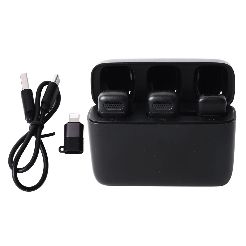 2PCS Clip On Microphone with Type C Interface Receiver Wireless Lavalier Mic for IPhone Adapter Built in Battery Black
