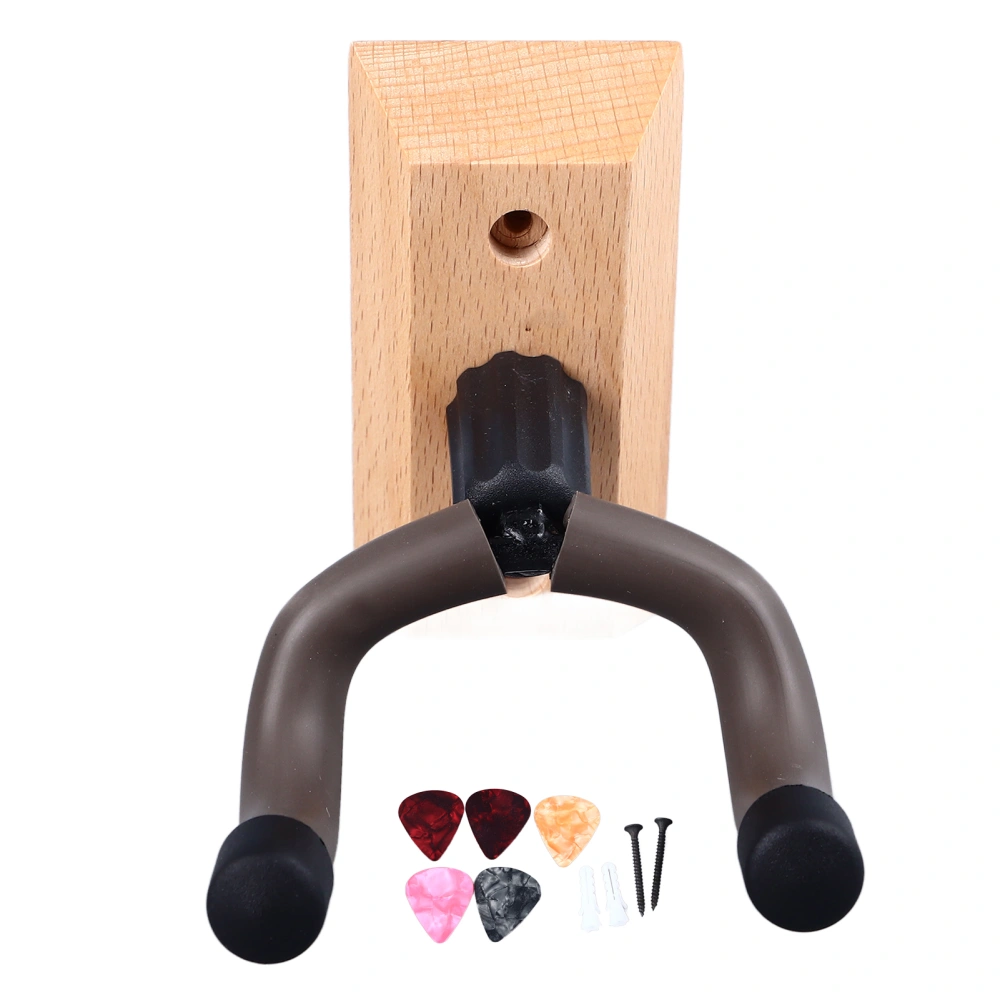 Guitar Wall Mount Hanger Multifunctional Solid Wood and Metal Guitar Wall Hook with 5 Picks for Ukulele Bass 1PCS