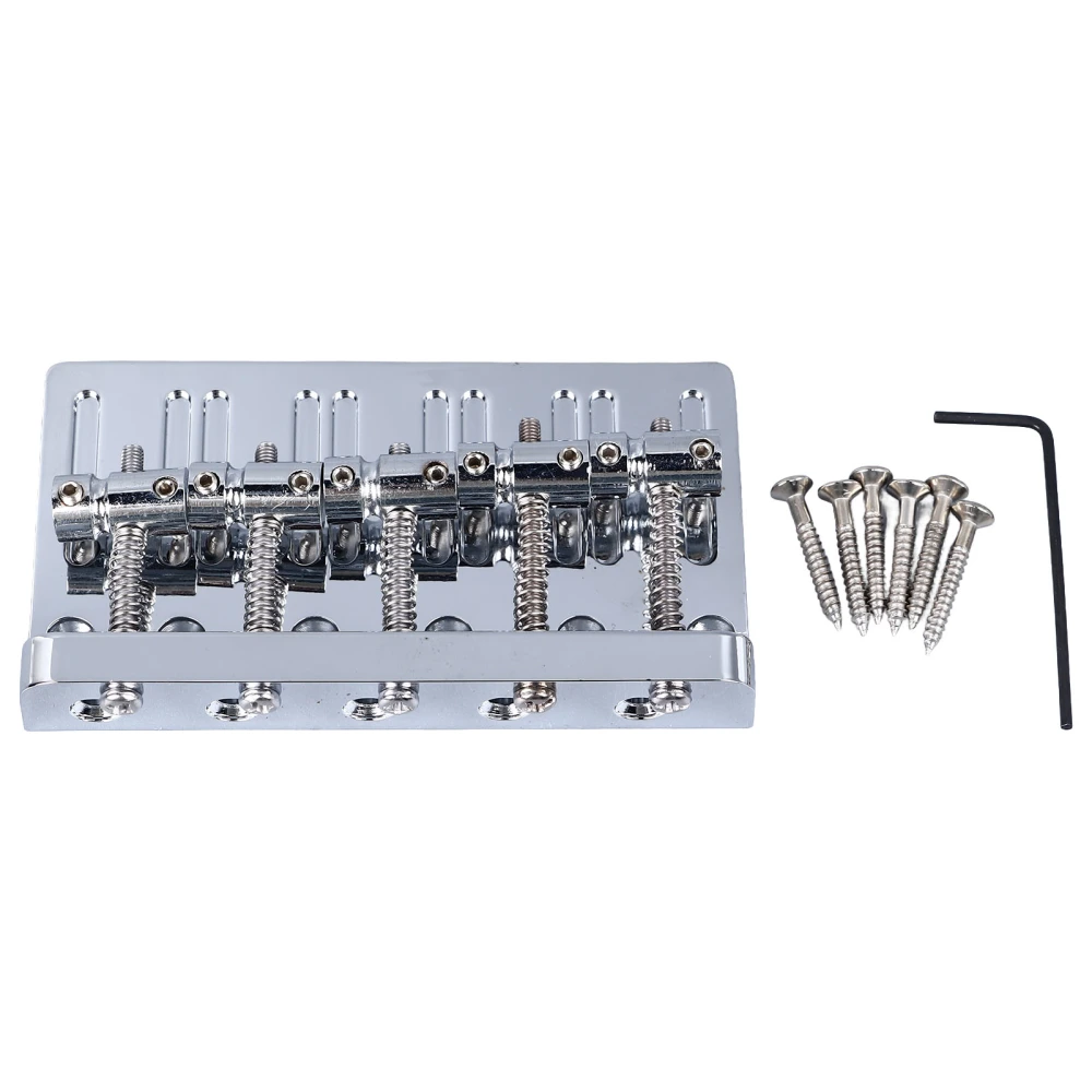 Electric Bass Bridge 5 String Bass Saddle Bridge Thickened Tailpiece Bridge Replacement with Screws Wrench Silver