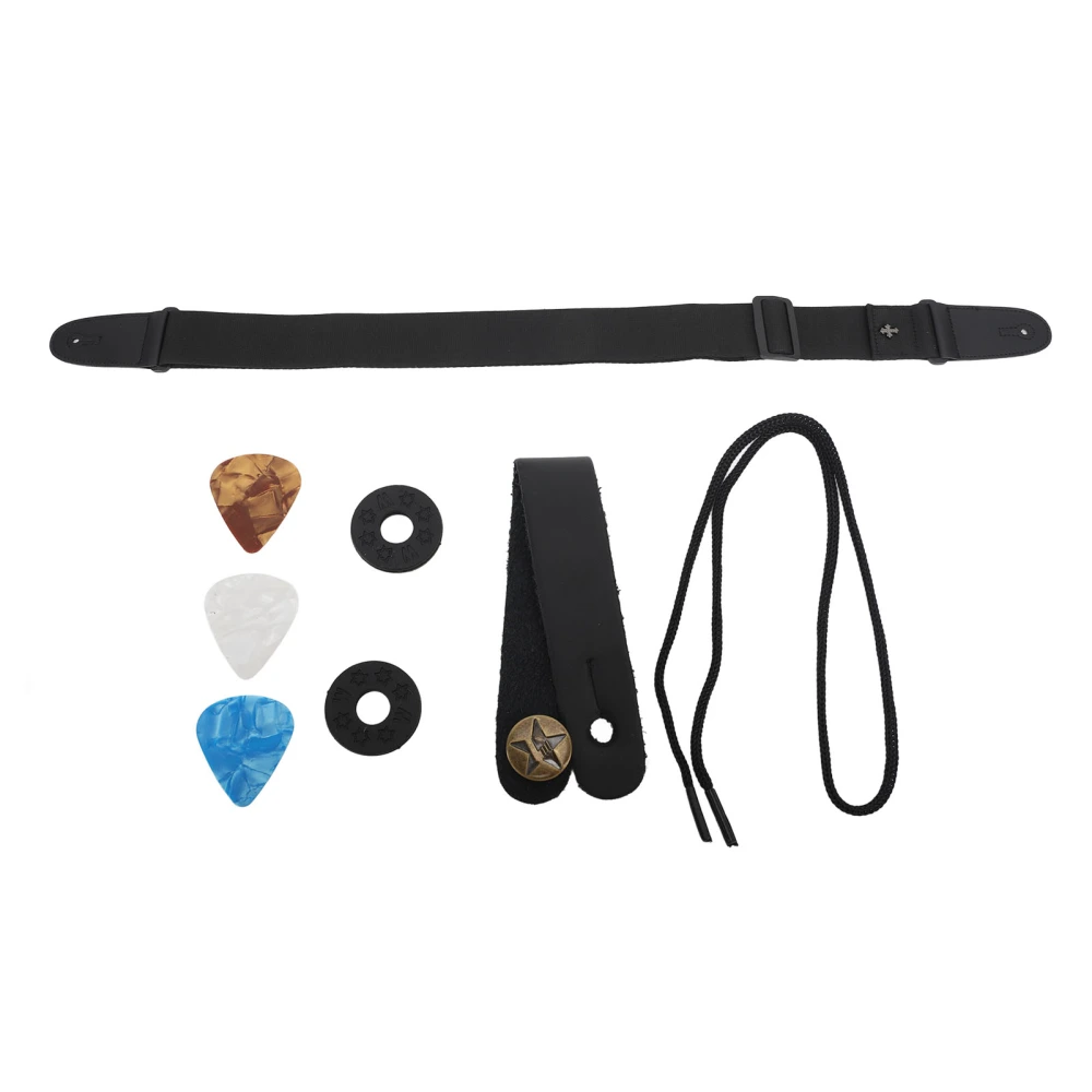 Cotton Guitar Strap with Picks Adjustable Length Shoulder Strap for Acoustic Electric Guitar Bass Black