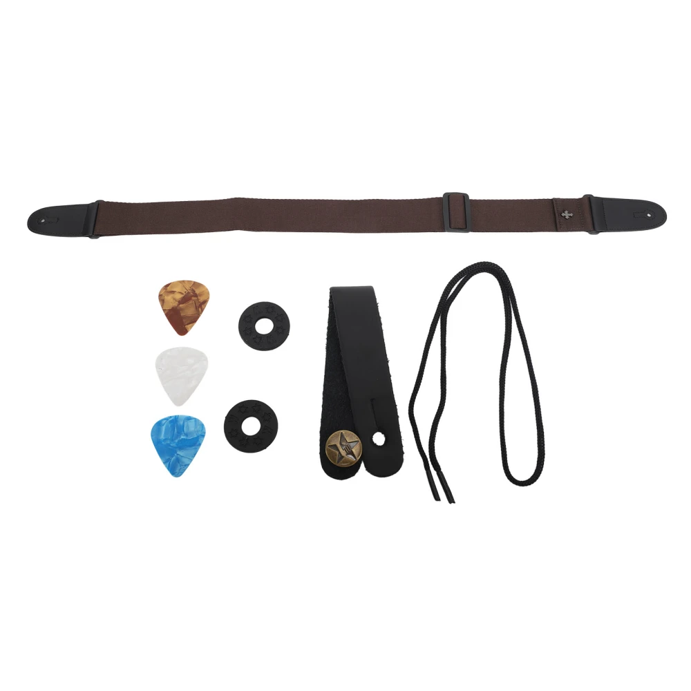 Cotton Guitar Strap with Picks Adjustable Length Shoulder Strap for Acoustic Electric Guitar Bass Brown