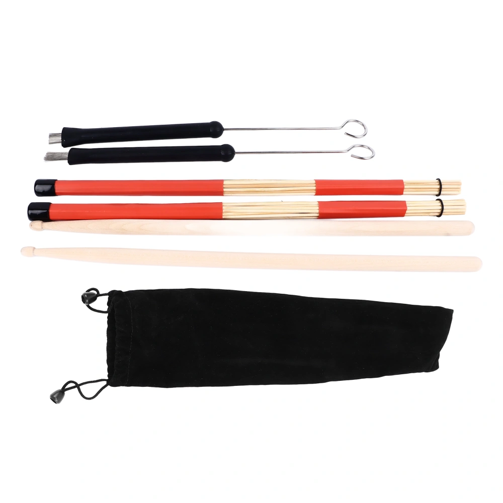 Drum Sticks Set Drum Stick Steel Brush and Bamboo Rods with Velvet Storage Bag for Practice