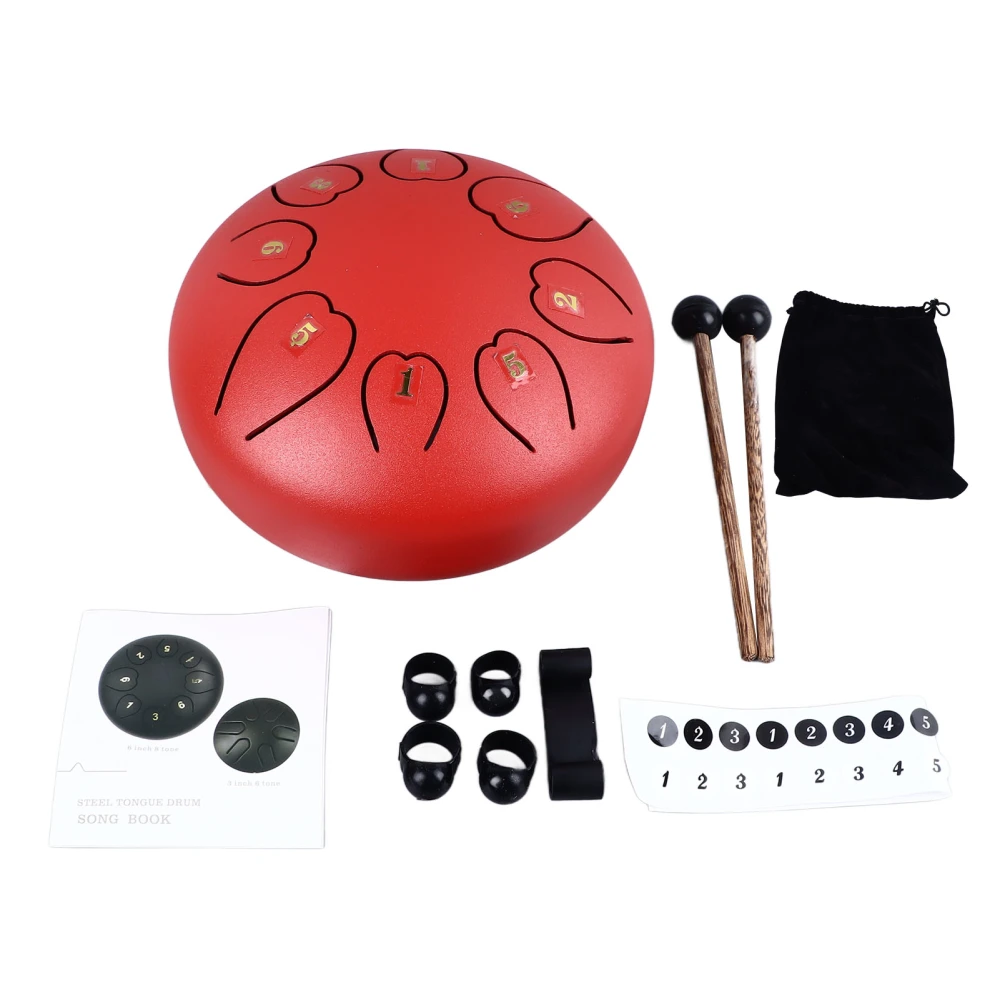 Tongue Drum 6 Inch 8 Note Clear Resonant Pleasant Sound Worry Free Steel Hand Drum Mini Percussion Instrument Red