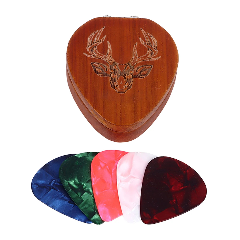 Mahogany Wood Picks Storage Holder Compact Protection Case with 5PCS Replacement Guitar Picks