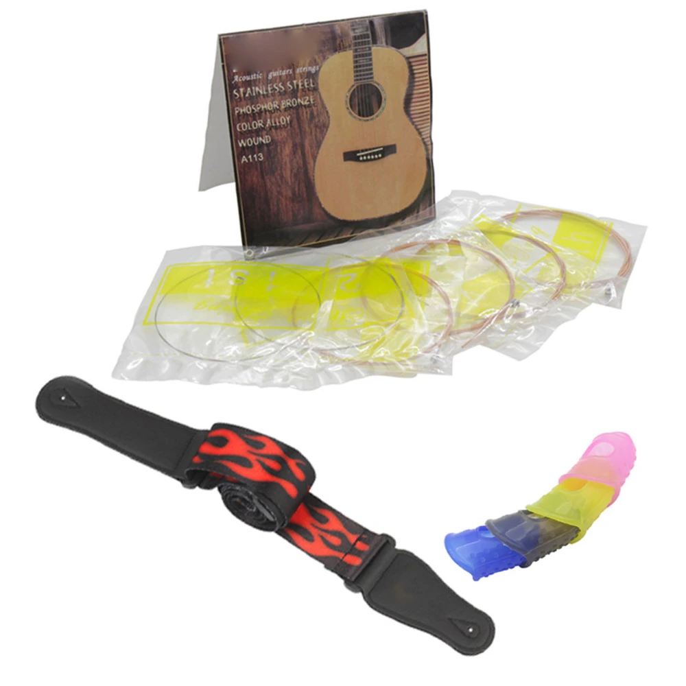 Guitar Accessories Set Carrying Strap 4Pcs Silicone Thumb Protectors 6Pcs Stainless Steel Guitar Strings