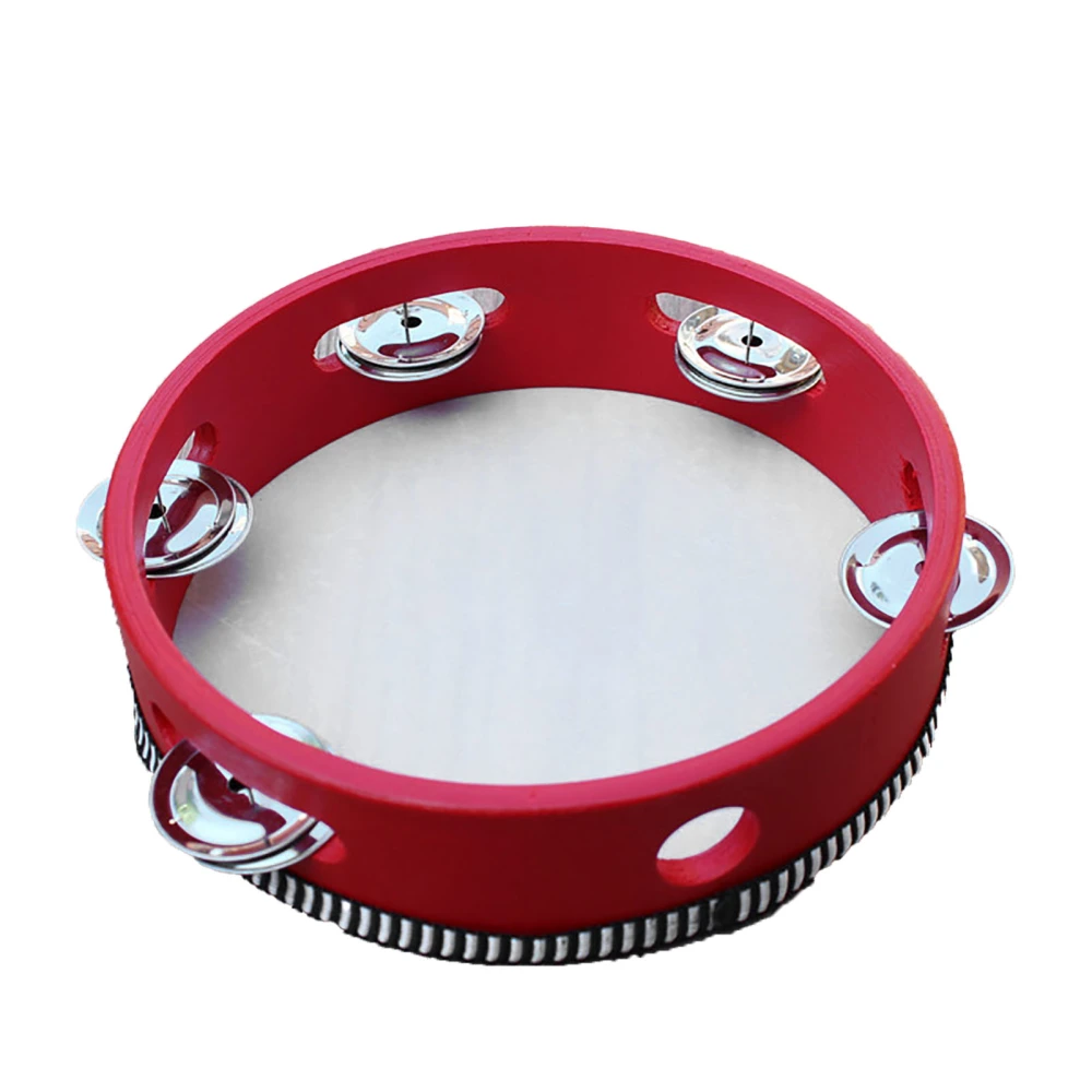 Wooden Tambourine with Jingles Hand Bell Drum Kids Educational Percussion Musical Instrument 6 Inch Red