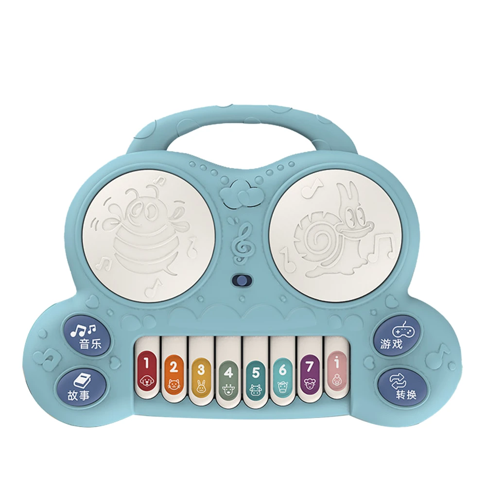 Drum Piano Toy Educational Multifunctional Baby Piano Toy with Game Story Song for Children Birthday Gift Blue
