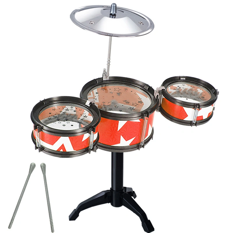 Kids Drum Set with 3 Drums 2 Sticks Adjustable Pedal Beginner Percussion Kit for Boys and Girls Black Frame Red