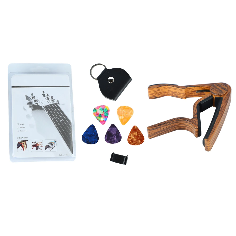 Guitar Capo Solid Wood Tune Clip Clamp with 5 Picks for Acoustic and Electric Guitar