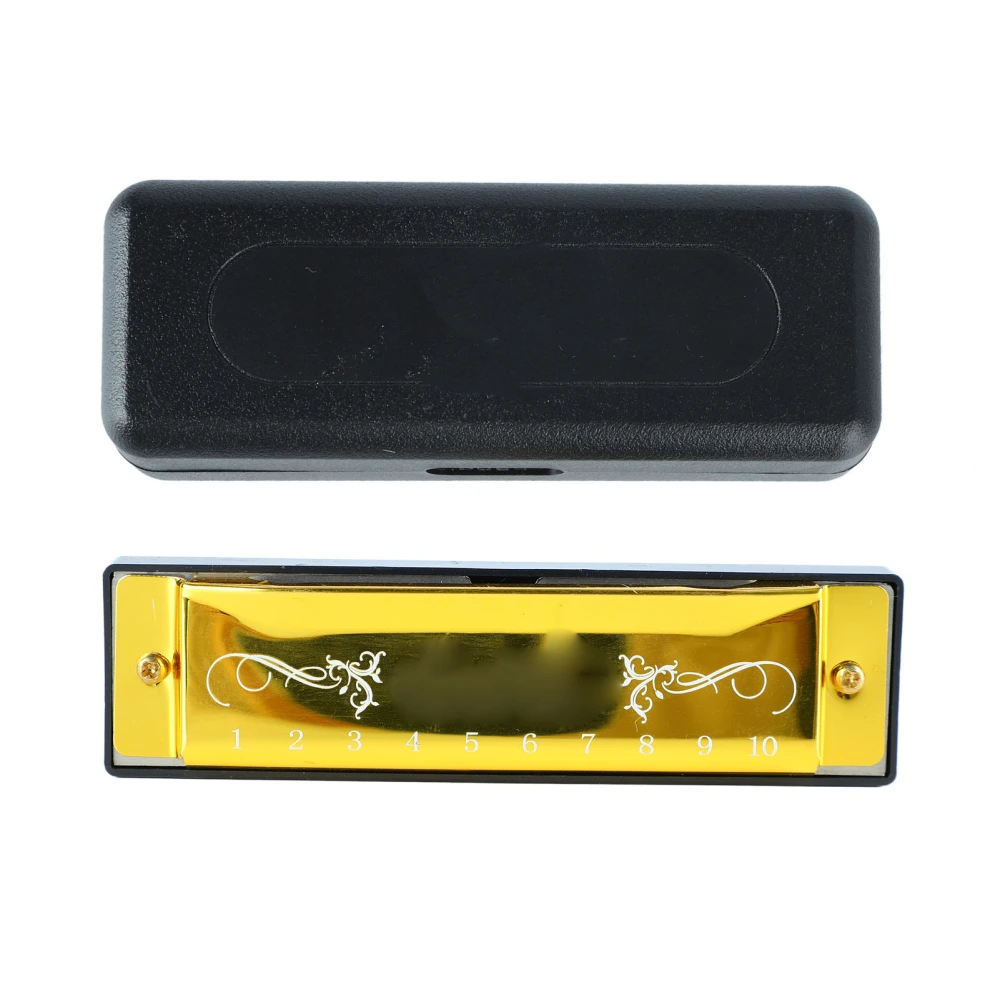 Harmonica 10 Hole 20 Tune C Key Professional Standard Mouth Organ with Case for Kid Beginner Gold