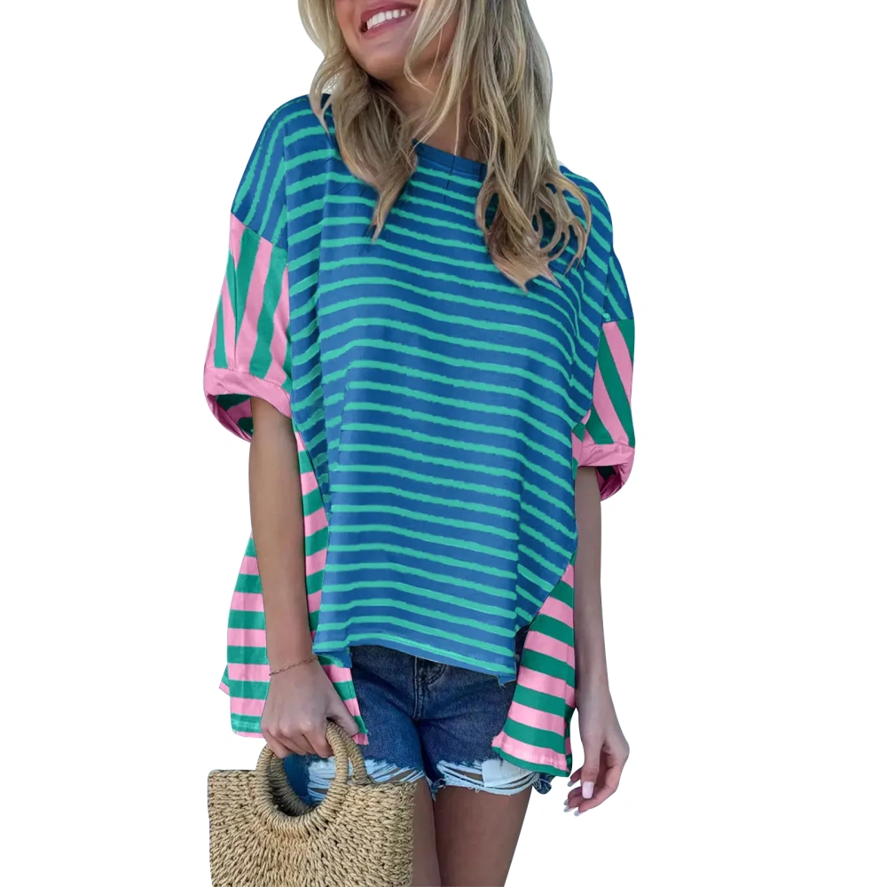 Women's Baggy T-Shirt Stripe Print Short Sleeve Drop Shoulder Tops
