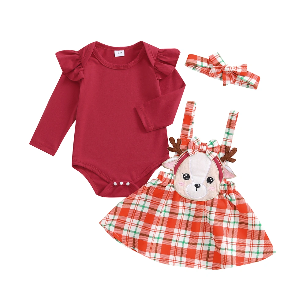 Baby Girl Set Ruffles Romper Elk Plaid Bow Overall Skirt Hairband Suit