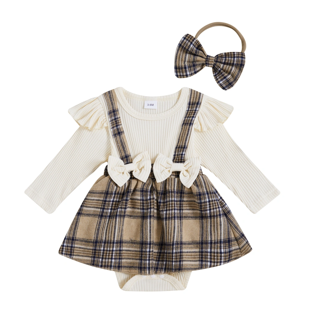 Baby Plaid Romper Dress Long Sleeve O Neck Romper with Headband