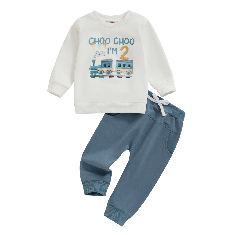 Toddler Boys Birthday Outfits Letter Train Print Sweatshirts Pants