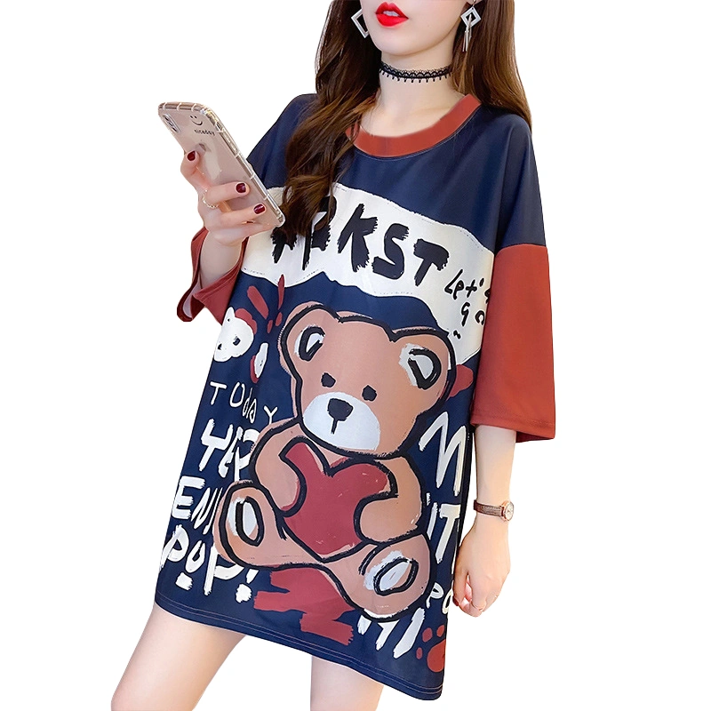 Women Summer Loose T-Shirt Letter Cartoon Bear Print Short Sleeve Tops