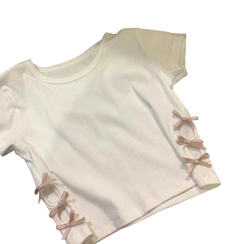 Women T-shirt, Short Sleeve Crew Neck Hollowed Bow Crop Tops