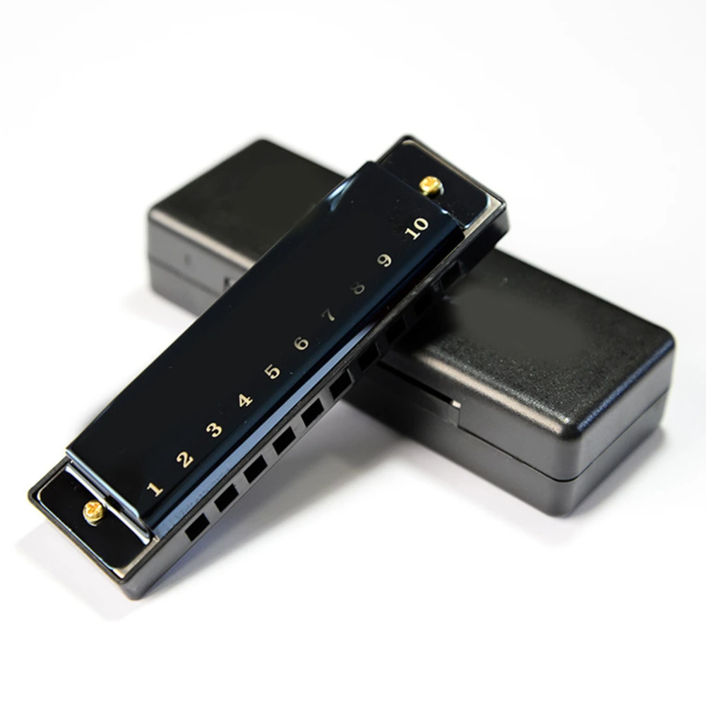 Bright Black 10 Hole Mouth Organ Light Weight Practical Full Scale Harmonica for Performance