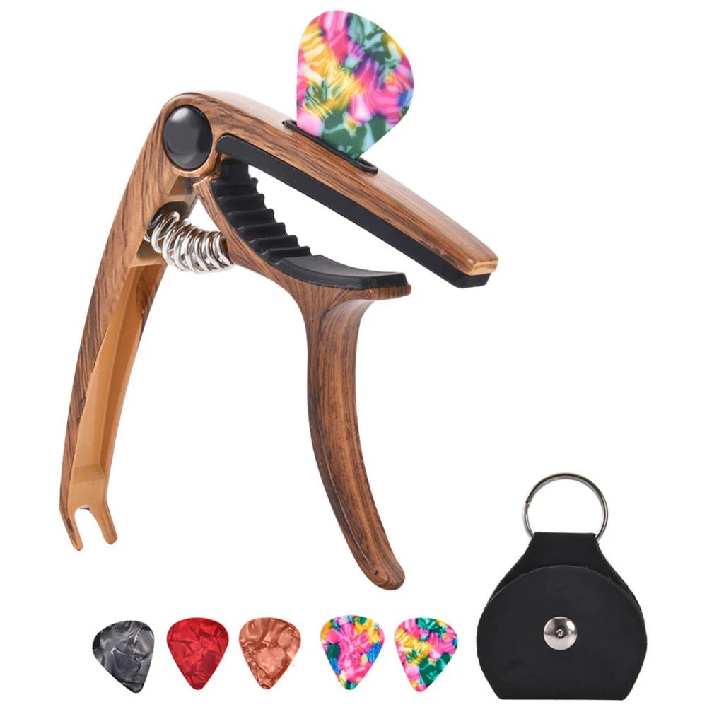 Guitar Capo Pick Set Alloy Wood Grain Glossy Universal Capo with Pick Bag for Performance