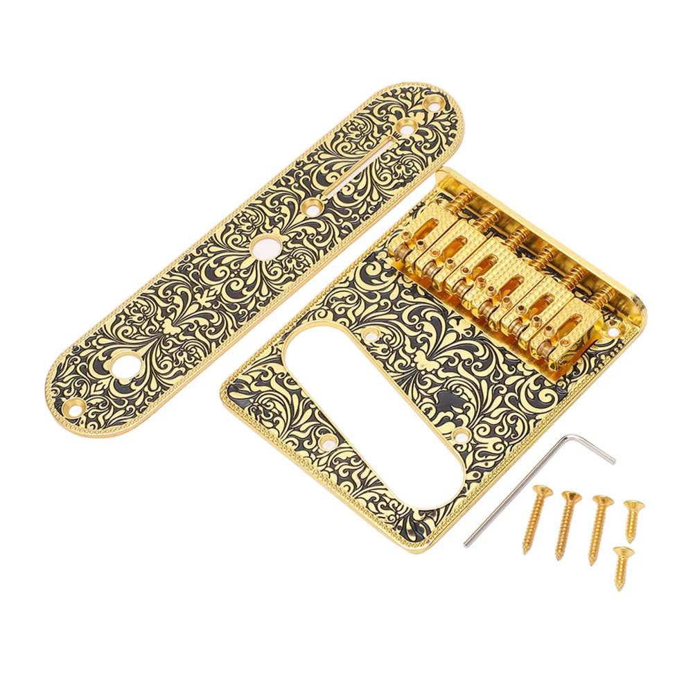 Electric Guitar Saddle Bridge Plate Adjustable Carved Pattern Golden Guitar Bridge Set for Replacement