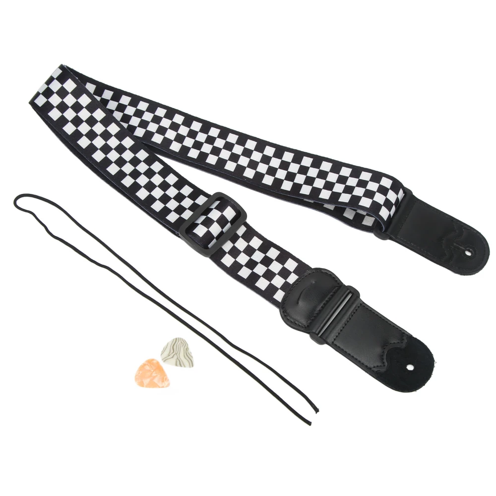 Guitar Strap Black and White Plaid Adjustable Strap with Picks Pocket for Electric Wooden Guitar Bass