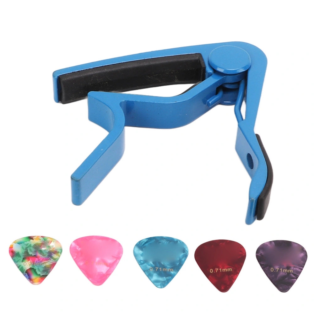 Guitar Capo Strong Spring Scratch Resistant High Hardness Alloy Guitar Capo with 5 Picks Blue