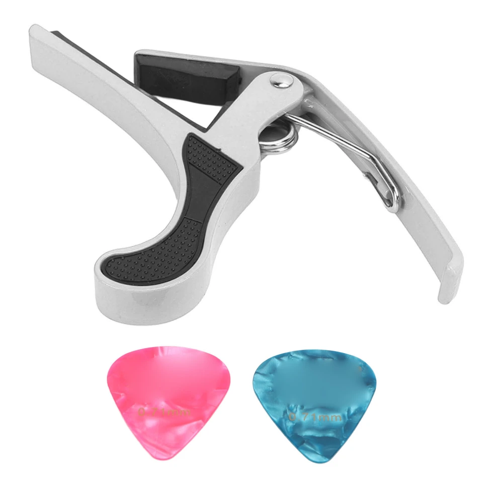 Guitar Capo Alloy Quick Release Electric Guitar Capo Set with 2PCS Guitar Picks for Banjo Mandolin Silver