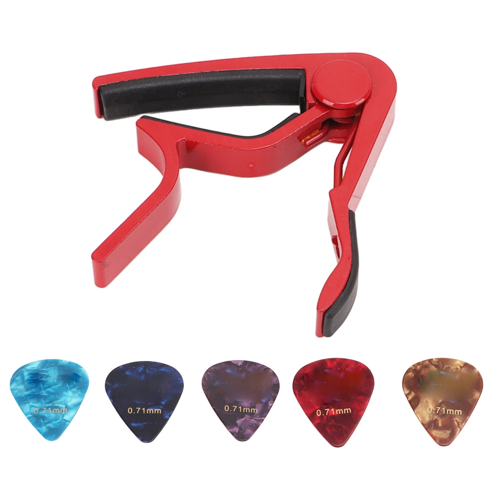 Guitar Capo Strong Spring Scratch Resistant High Hardness Alloy Guitar Capo with 5 Picks Red