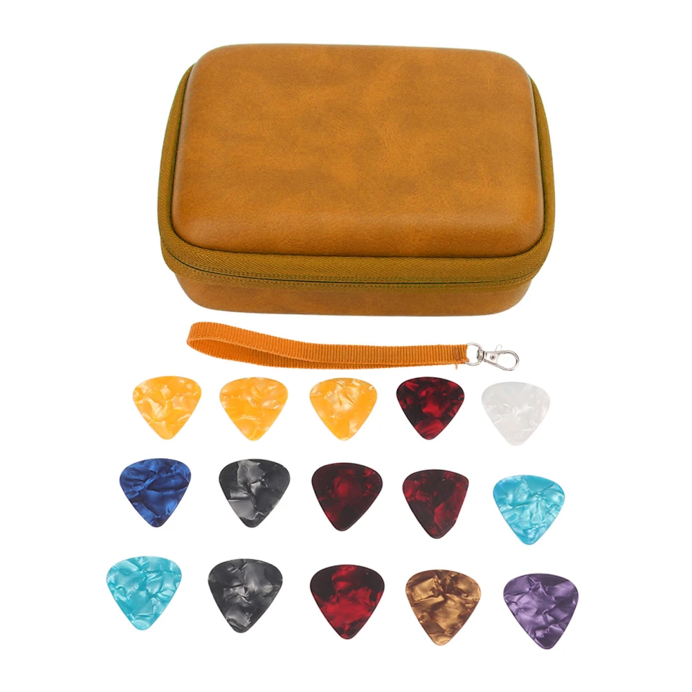 Guitar Pick Bag Set Large Space Waterproof Good Protection EVA Cloth Storage Holder Case with 15 Pcs Guitar Picks Yellow (with Strap)