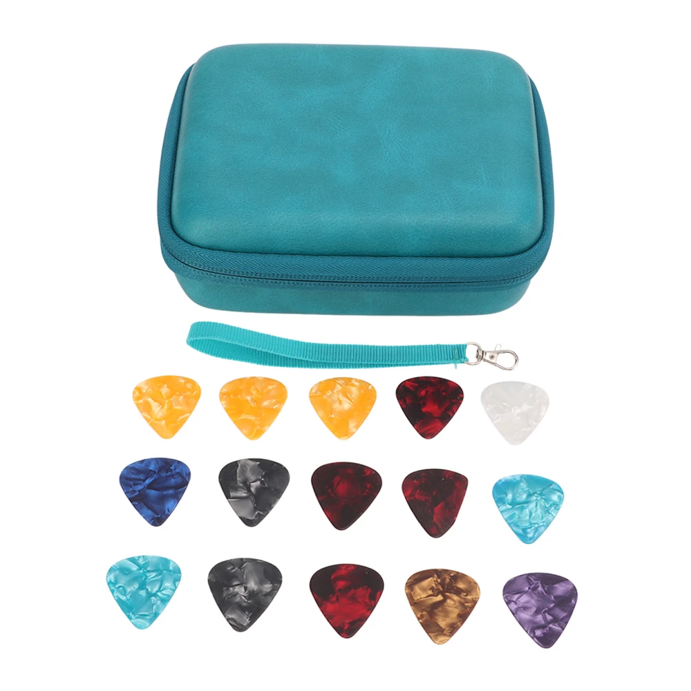 Guitar Pick Bag Set Large Space Waterproof Good Protection EVA Cloth Storage Holder Case with 15 Pcs Guitar Picks Blue (with Strap)