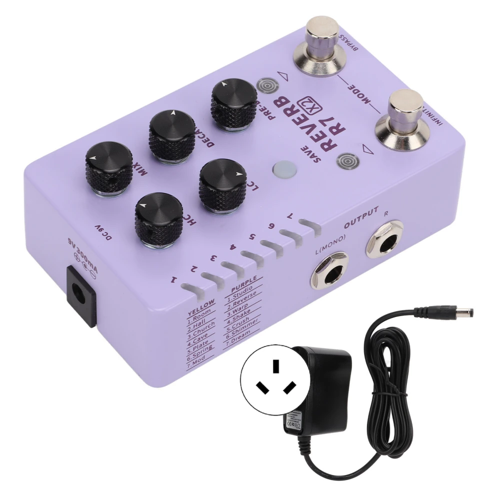 Reverb Effect Stereo Electric Guitar Single Pedal Preset Switching 14 Effects R7 X2 100‑240VAU Plug