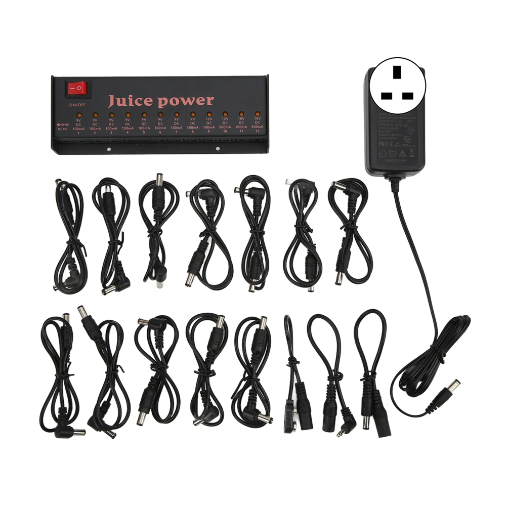 Guitar Effect Pedal Power Supply 12 Channel Isolated DC Outputs 9V 12V 18V 100mA 500mA 100‑240VUK Plug