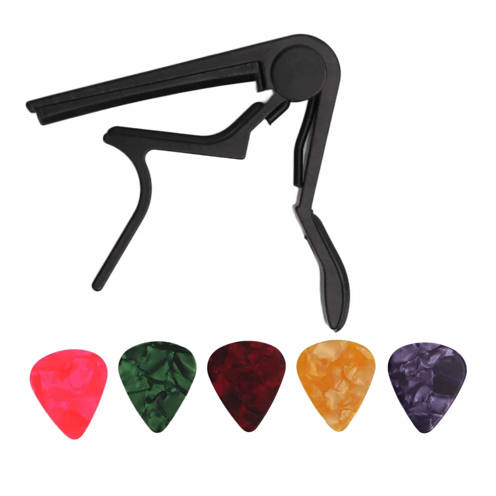 Capo Quick Release String Clamp Accessory Set Kit with 5Pcs Guitar Pick for Bass BanjoBlack