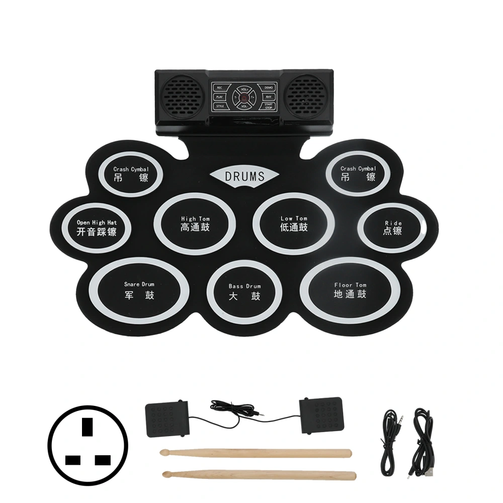 Electronic Drum Pad Set Roll Up Foldable Kit with 2 Speakers Battery 100‑240V DM10UK Plug