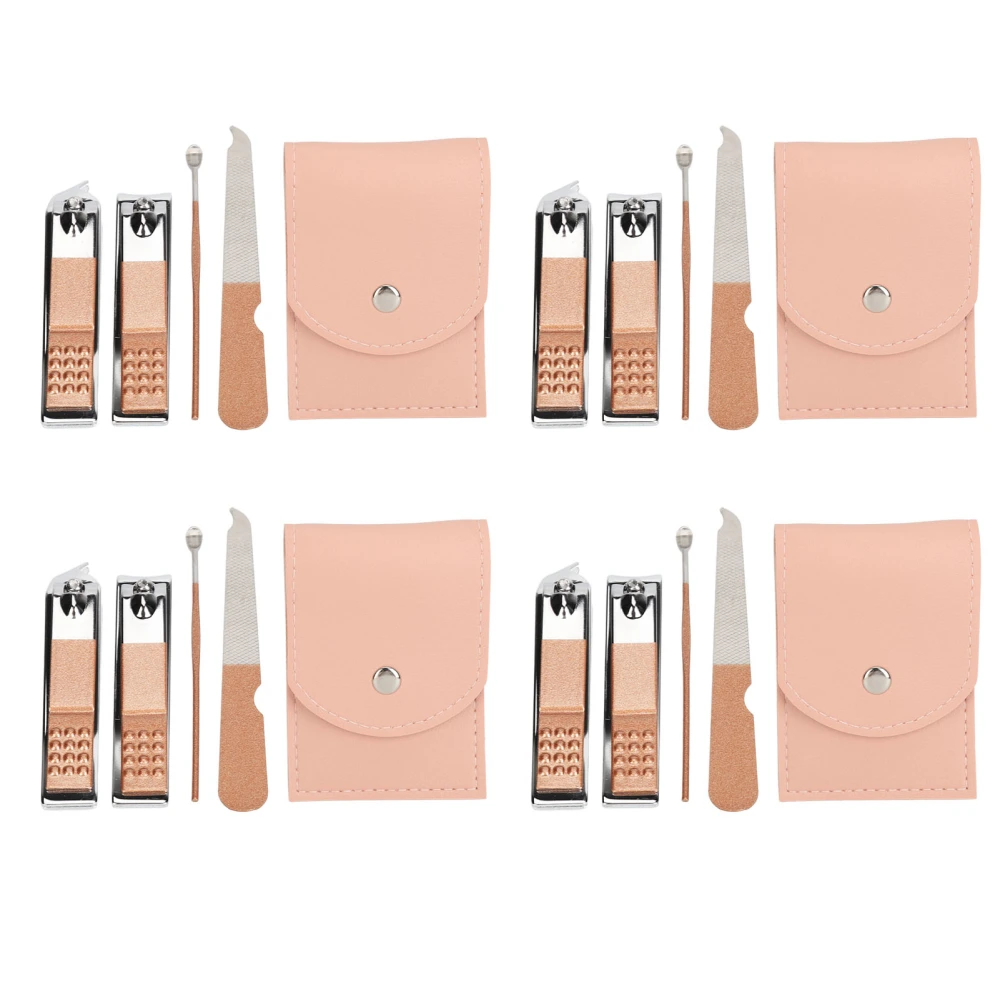 4 Set Nail Clippers Beauty Tools Stainless Steel Ear Spoons Nail Files Grooming Manicure Set with Pink PU Storage Bags