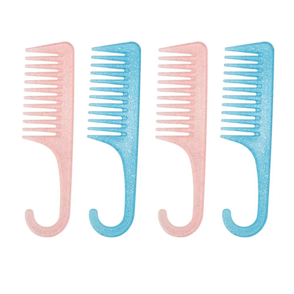 4pcs Wide Tooth Comb with Hook Rounded Handle Detangling Comb Pink Blue Transparency