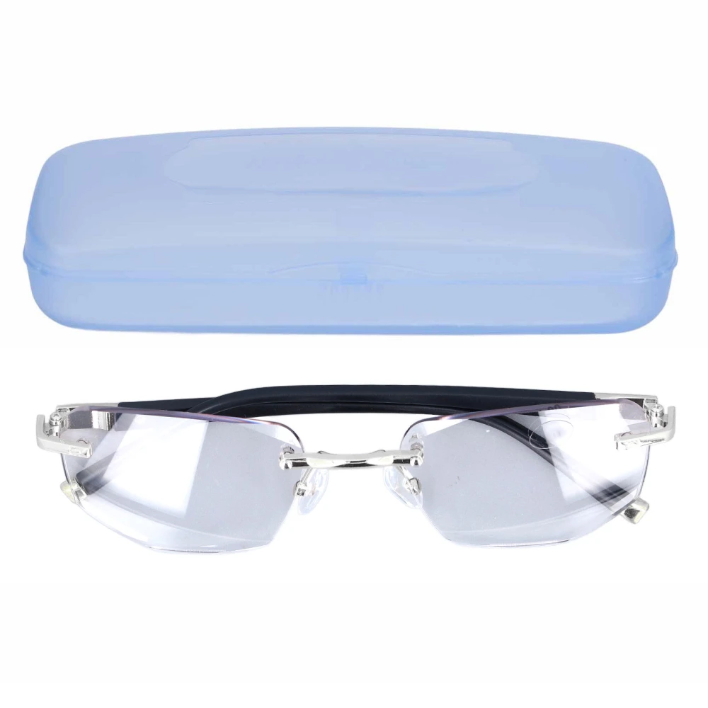 Elderly Presbyopic Glasses Blue Light Blocking Progressive Multifocus Rimless Men Glasses for Newspaper Book Reading +200 Silver Frame