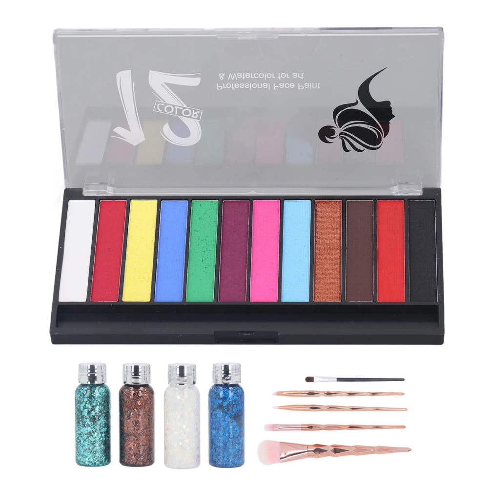 Luminous Face Painting Palette Kit with Glitter Powder Makeup Brush Lightweight Texture Black Light Face Body Paint Palette