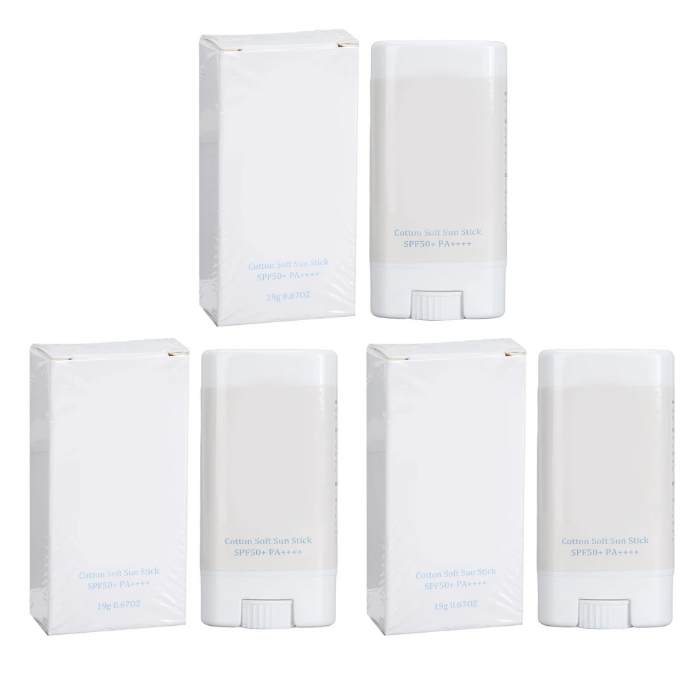 3pcs Facial Sunscreen Stick SPF 50+ Each 19g UV Protection Moisturizing Sun Block Cream for Outdoor Activities